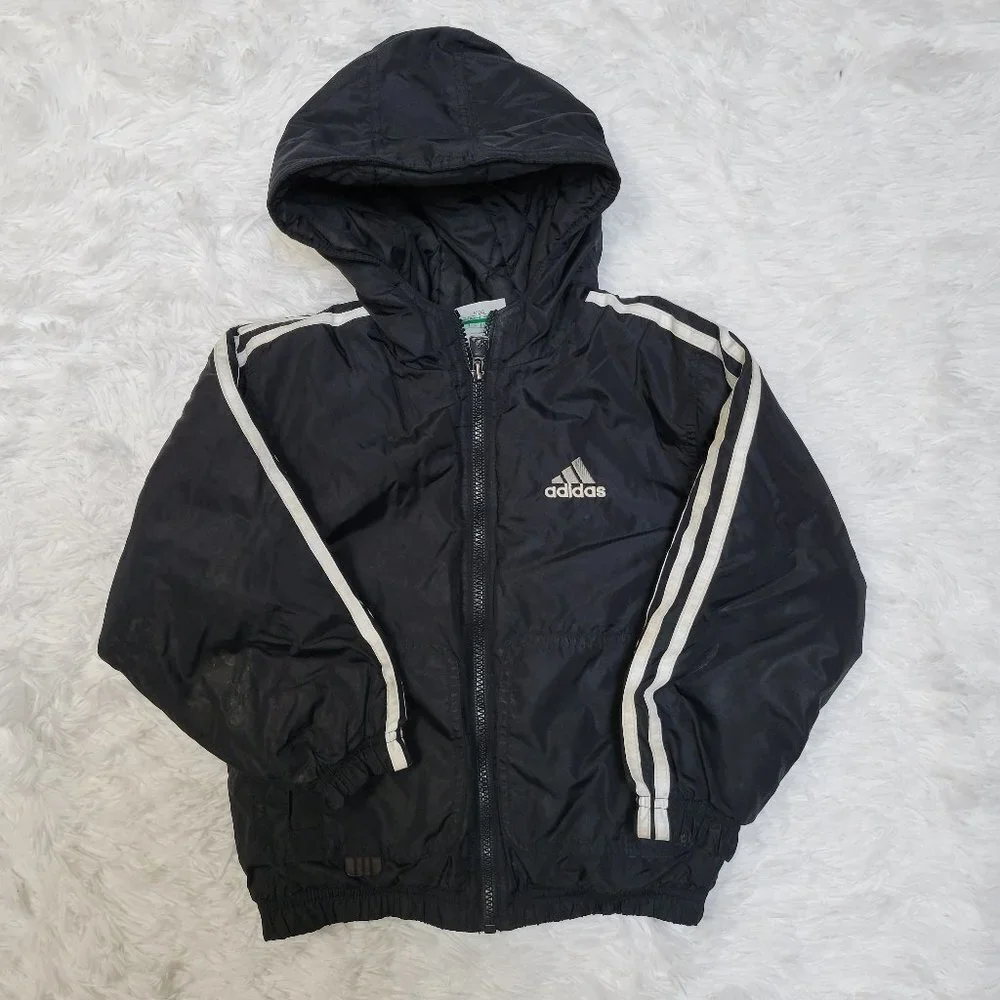 Adidas Black Hooded Quilted 3 Stripe Puffer Jacket Boys - Small (Size 4)